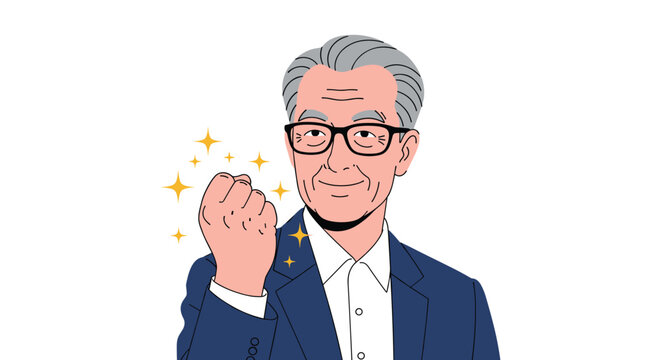 Successful senior man with glasses and suit clenching his fist in celebration with golden sparkles around him on a white background.