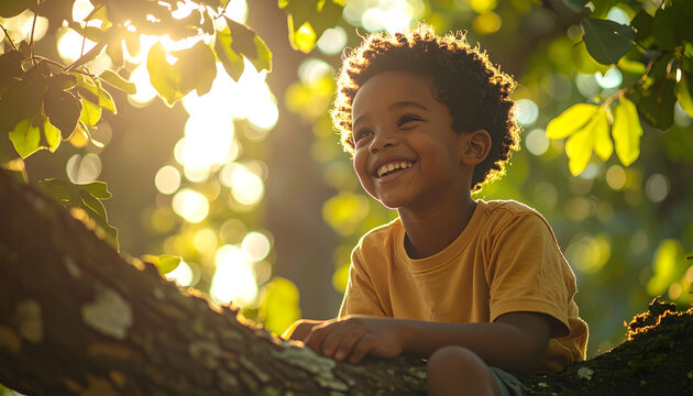 Portrait of a boy sitting on a sturdy oak branch high up laughing as he looks down with dappled sunlight generative AI