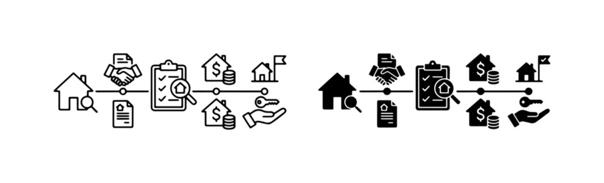 Real Estate Process Icons, Property Transaction Flow, Home Buying Steps, Investment Icons