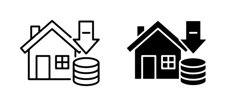 House cost reduction icon, real estate expense decrease, property value drop symbol