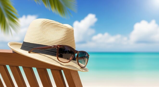 Beach vacation accessories on a wooden lounge chair