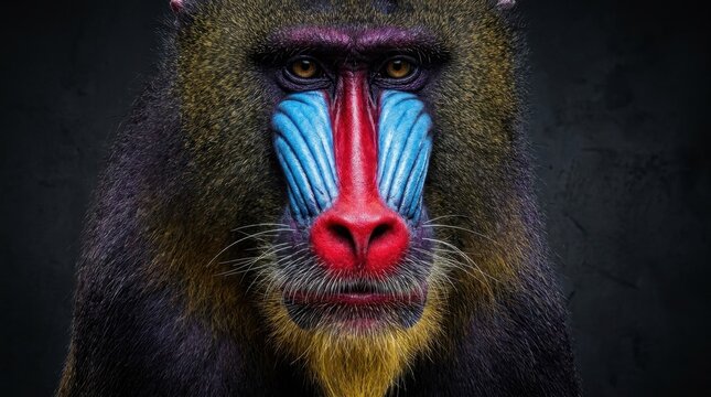 A dramatic, highly detailed studio portrait of a mandrill, focusing on the vibrant red, blue, and purple colors of its face.