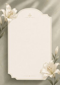Elegant Floral Menu Template with White Lily Flowers and Gold Frame on Soft Sage Background