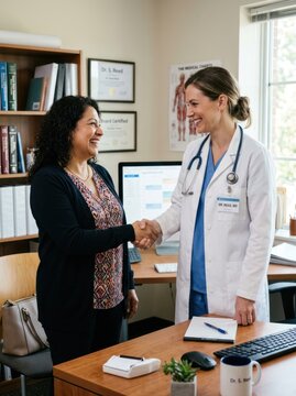 A smiling female doctor shakes hands with a woman in a medical office. The doctor, Dr.