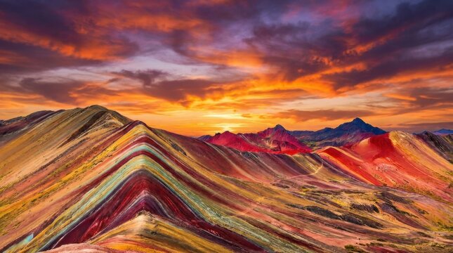 A wide-angle, highly saturated wallpaper of a dramatic sunset over the colorful stratified Rainbow Mountains, full of vibrant layers.