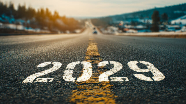 Road leading into a scenic horizon with the year 2029 painted on the asphalt symbolizing future goals and journeys ahead in a winter landscape setting
