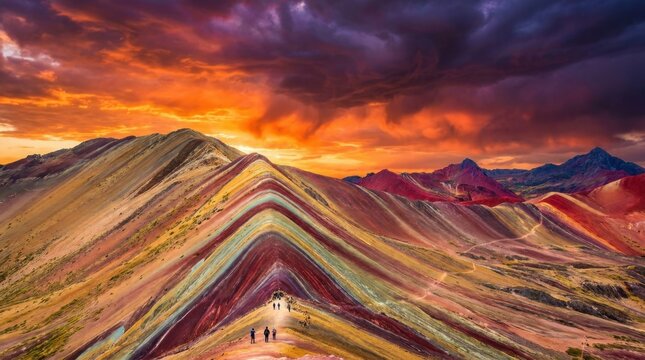 A wide-angle, highly saturated wallpaper of a dramatic sunset over the colorful stratified Rainbow Mountains, full of vibrant layers.