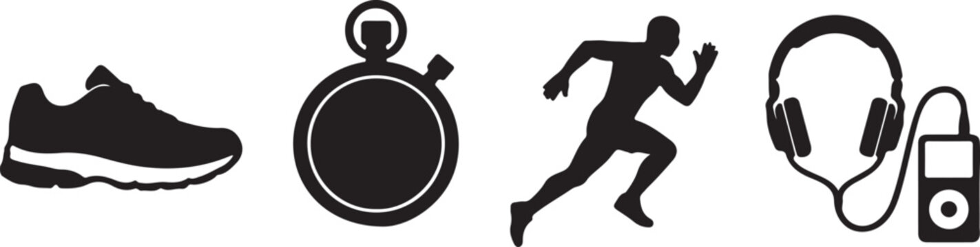Black icons of running shoe, stopwatch, runner, and headphones with mp3 player