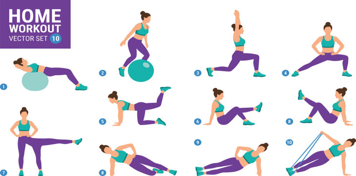 Women Home Workout Exercise Vector Set Featuring Stability Ball Crunches Lunges Donkey Kicks Side Planks and Resistance Band Training for Female Fitness Infographics and Wellness Designs
