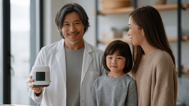 Pediatric allergist displaying particulate reading on air quality monitor to concerned parents, examination room context, seasonal allergy spike data, household air purifier