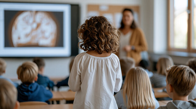 Air quality health educator standing before elementary school classroom with visual diagram of lung anatomy and pollution particle infiltration projected on screen, young students