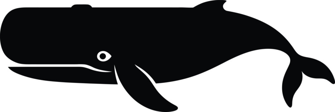 A solid black silhouette illustration of a large sperm whale swimming.