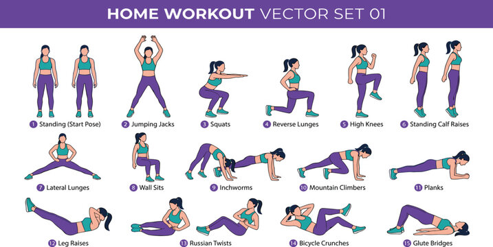 Women Home Workout Exercise Vector Set Featuring Jumping Jacks Squats Lunges Mountain Climbers Planks and Glute Bridges for Female Fitness Training Infographics and Wellness Designs