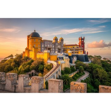 Stunning Pena Palace in Sintra, Portugal, at Sunset.