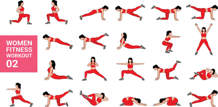 Women Fitness Workout Exercise Sequence Vector Set Featuring Yoga Poses Squats Lunges Planks and Leg Raises for Female Bodyweight Training Infographics and Wellness Designs