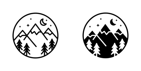 Obraz premium Minimalist Mountain Landscape Icons, Nature Scene Vector Graphics, Night Sky and Forest Elements, Outdoor Adventure Symbols