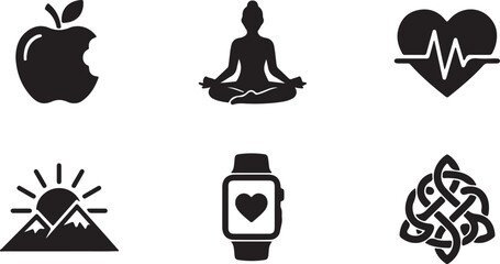 Fototapeta premium Black icons of apple, yoga, heart rate, sunrise, smartwatch and celtic knot