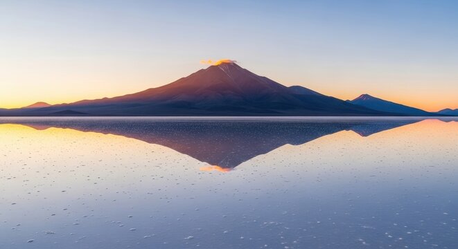 Stunning Reflection of Tunupa Volcano at Sunrise in Salar de Uyuni, Bolivia.