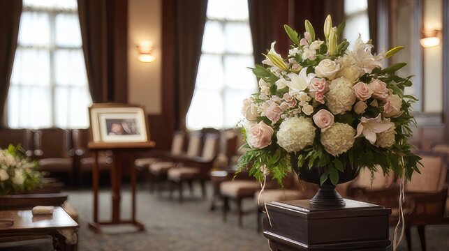 Floral funeral arrangement functions as a standing spray or a tall centerpiece designed for  sympathy,  condolence tributes.