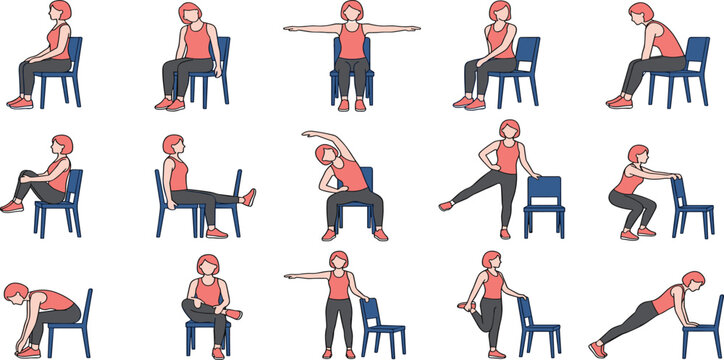 Women Chair Workout and Stretching Exercise Vector Set Featuring Seated Yoga Poses Desk Exercises and Leg Strength Training for Office Wellness and Seniors Fitness Infographics