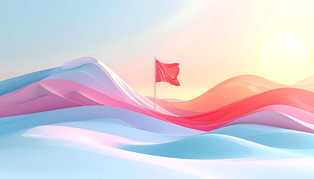 abstract landscape with a red flag on a mountain peak, soft pastel colors, sunrise or sunset light, digital art, representing achievement and exploration