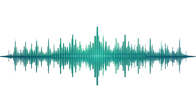Abstract sound wave visualization in vibrant teal and green, representing audio spectrum analysis, digital music, or signal processing technology on a clean white background