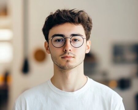 Young male graphic designer wearing round glasses and white t-shirt with neutral expression in bright studio