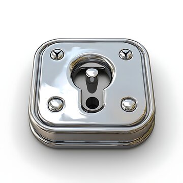 Silver Keyhole Emblem: A polished silver emblem featuring a keyhole design, set on a clean white background, evokes a sense of mystery and security.