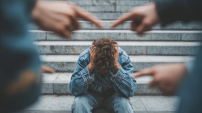 Public shaming, Bullied Man or Public Accusation Concept, social pressure, guilt, and bullying.