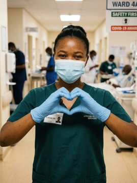 An African American nurse, K. Adams, RN, wearing a green scrubs top and a surgical mask, forms a heart shape with her gloved hands.