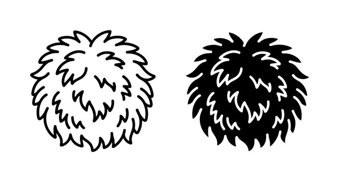 Fluffy Pom Pom Icons, Round Fur Ball Vector Graphics, Soft Texture Elements, Black and White