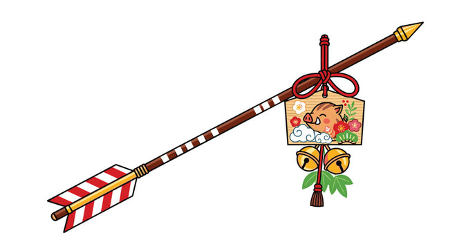 Traditional Japanese ritual arrow decorated with a wooden tablet featuring a wild boar illustration and lucky bells.