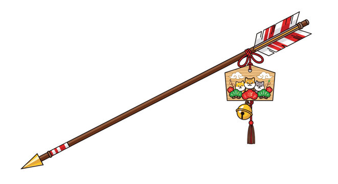 Traditional Japanese ritual arrow decorated with a wooden tablet featuring three Shiba Inu dogs and lucky charms.
