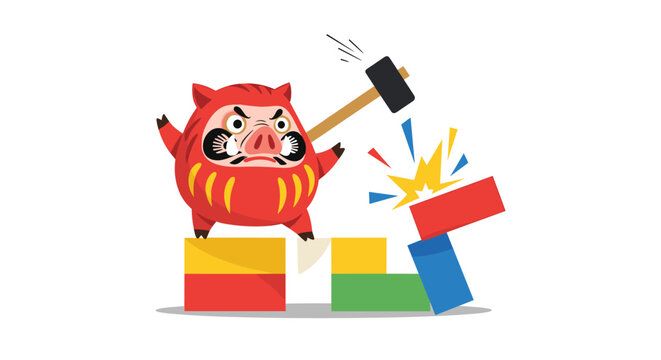 Wild boar character wearing a traditional mask and knocking down a tower of colorful blocks with a wooden hammer.