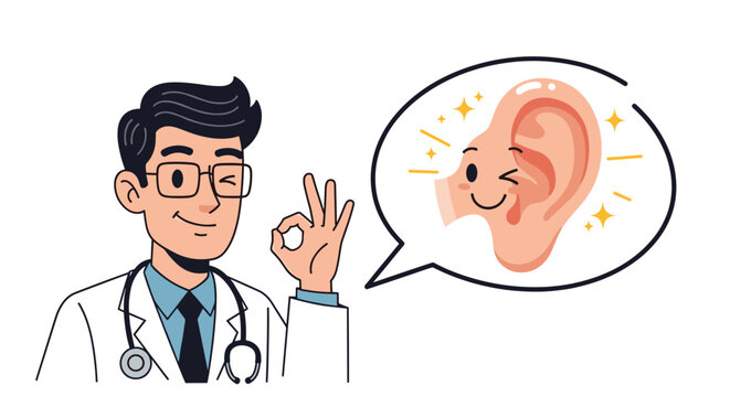 Friendly male doctor in a white coat making an okay hand gesture and winking while thinking about a healthy and happy human ear.
