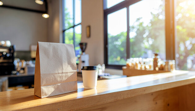 Morning coffee takeaway on a bright cafe counter with a paper bag and drink cup