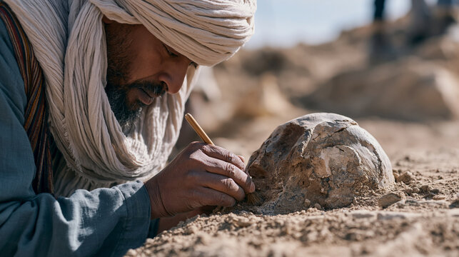 Human evolution fossil discovery in arid Ethiopian highland excavation site, paleoanthropologist brushing sediment from ancient skull fragment, archaeological dig, field science,