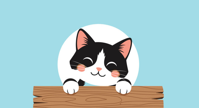 Cute tuxedo cat with pink cheeks and a happy expression peeks over a wooden fence against a bright blue and white circular background.