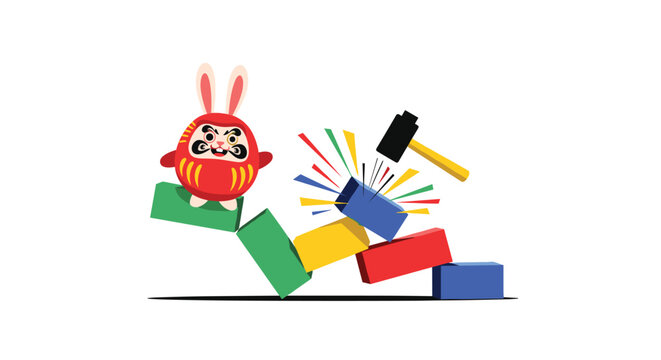 Traditional Japanese Daruma doll with rabbit ears sits on colorful falling blocks while a hammer strikes a blue block in this active scene.