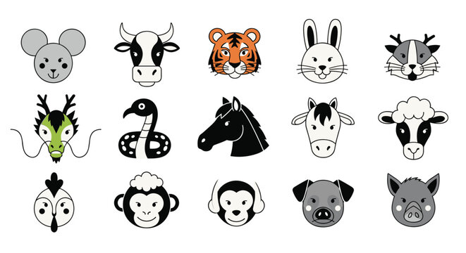 Set of stylized animal face icons in black white and gray including animals like a cow tiger rabbit and rooster.