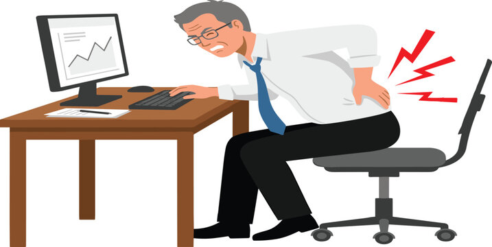 Senior Office Worker Experiencing Severe Lower Back Pain and Spinal Ache While Working at Computer Desk for Ergonomics Healthcare and Medical Graphic Designs