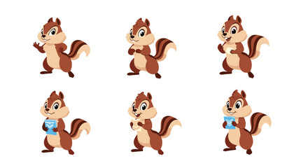 Fototapeta premium Collection of cute chipmunk characters in various poses including standing, thinking, holding a book, and reading a map.
