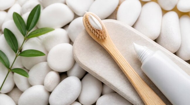 Eco Friendly Bamboo Toothbrush and Toothpaste on White Zen Stones
