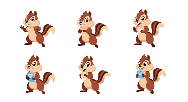 Collection of cute chipmunk characters in various poses including standing, thinking, holding a book, and reading a map.