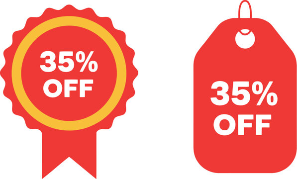 Red 35 Percent Off Discount Badge and Sale Tag Vector Icons for Promotions and Marketing