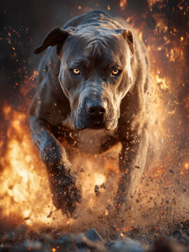 Powerful muscular dog charging forward with intense focus through flying embers and dirt in a dramatic action-packed fiery scene