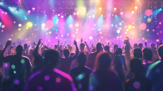 A vibrant, energetic crowd surges forward at a lively music festival. Silhouetted figures raise their hands in celebration, immersed in the dazzling spectacle of stage lights and confetti.