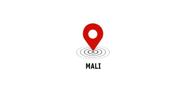 Animated red map location pin marker pulsing over mali country name text on clean white background, for travel navigation, global logistics, geographic, mapping, and