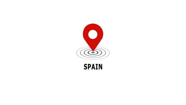 Animated red location map pin pulsing over spain text label, minimalist geographic marker for travel tourism digital marketing, navigation concept, isolated on white