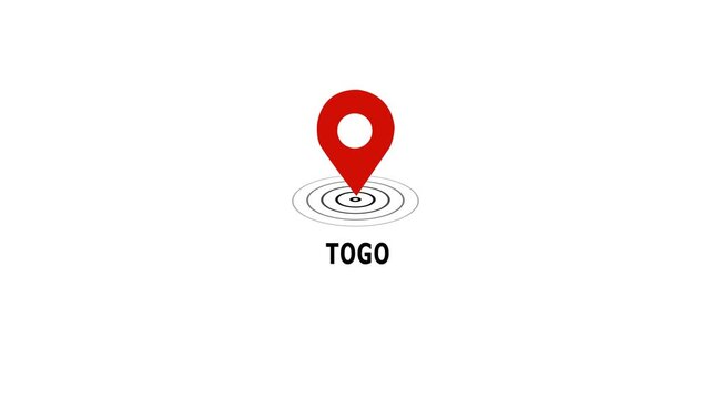 Animated red map location pin marker pulsing over the country name togo isolated on a clean white background, travel geography and, global business presentation